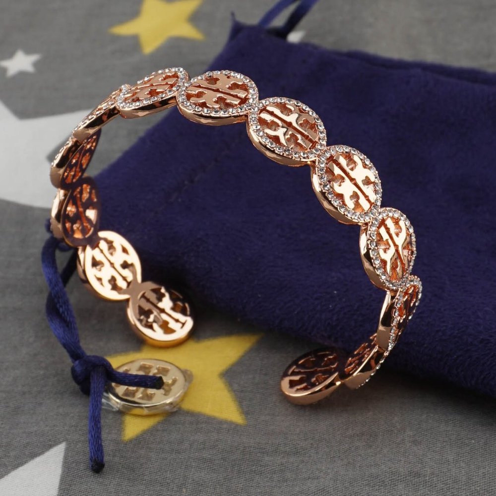 Tory Burch Miller Pave Repeating Logo Crystal Cuff Bracelet Bangle in Rose Gold